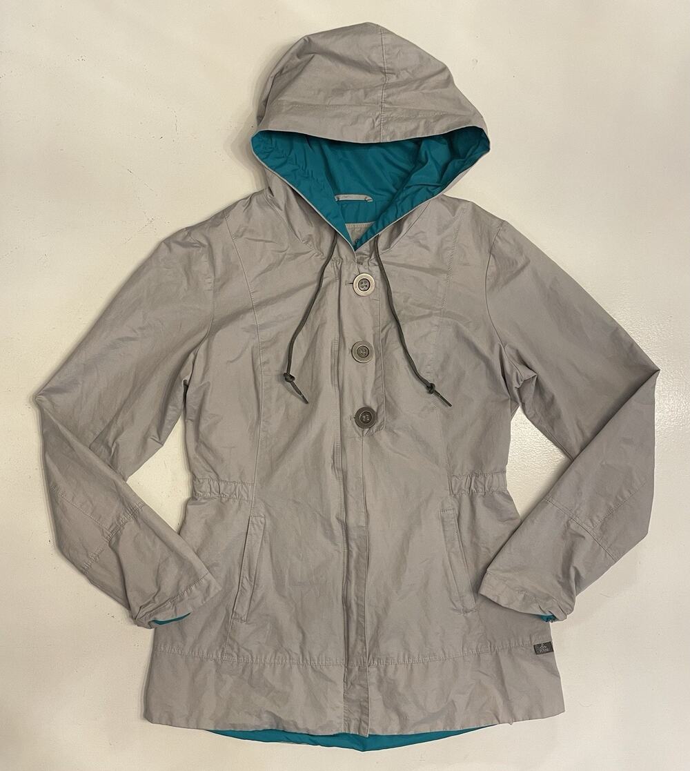 prAna Abby Jacket Women Size Small Gray Hooded Button Zip Front Outdoor Teal